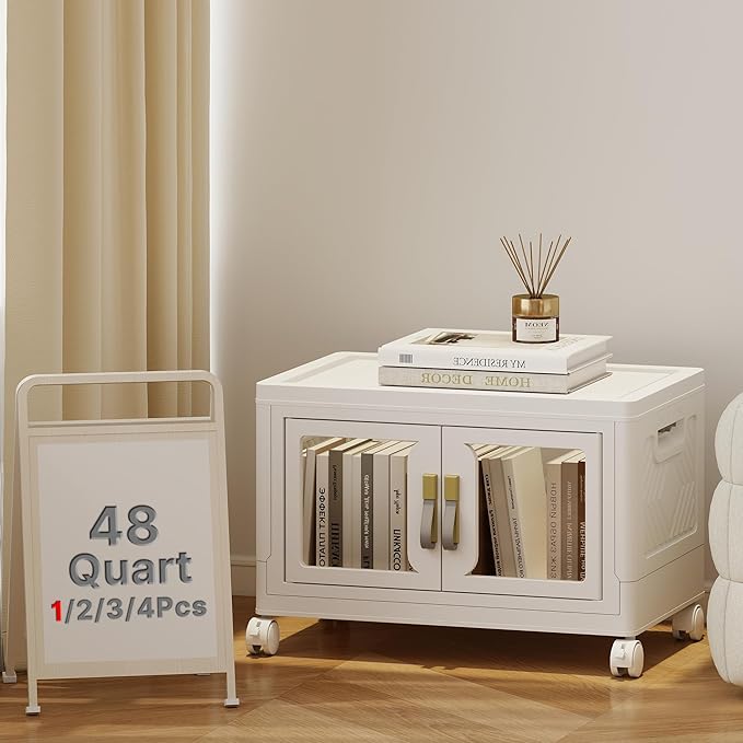 UAMFURI Stackable Storage Bins with Lids, Clear Doors, Large Storage Cabinet Foldable Collapsible Closet Organizers for Bedroom Dorm Office (1, White, 48, Quarts)