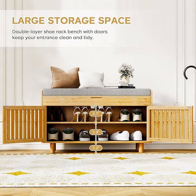 oakvivo Bamboo 35.4in Shoe Storage Bench with Lift Top Storage & Padded Seat Cushion, 2-Tier Shoe Rack Cabinet with 2 Doors for Entryway, Living Room, Bedroom, Mudroom, Natural