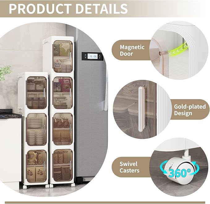 3-Tiers Slim Bathroom Storage Cabinet, Foldable Storage Cabinets,Narrow Bathroom Storage,Movable Bathroom Storage Organizer for Small Spaces,Bathroom,Kitchen,Laundry,White