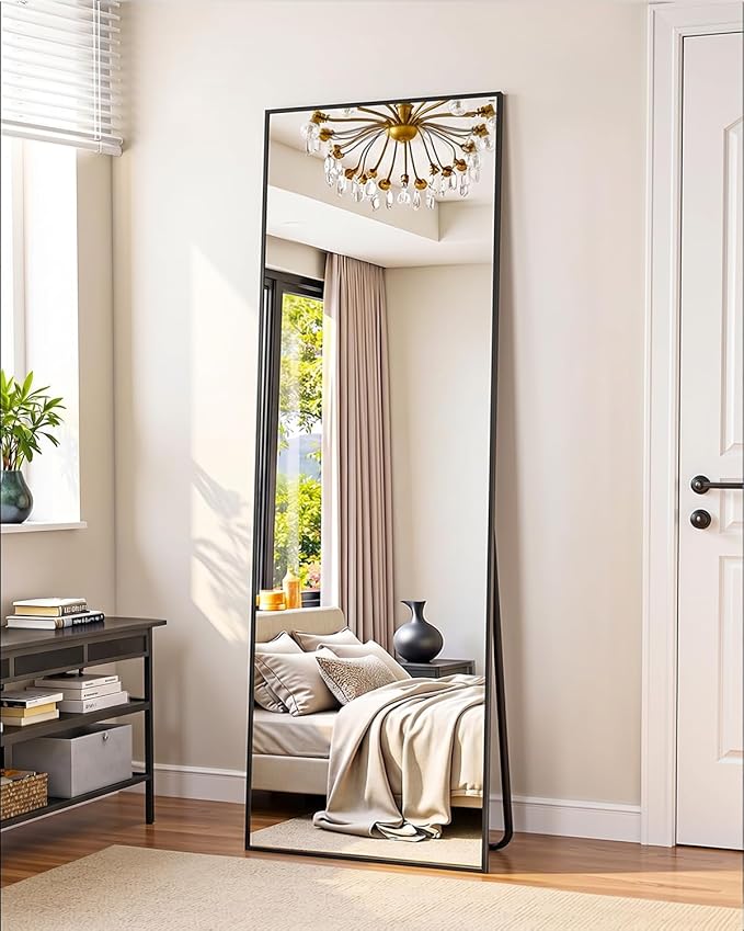 Suidia Full Length Mirror, 56"x14" Floor Standing Mirror Freestanding, Full Body Mirrors with Stand for Bedroom, Hanging Mounted for Living Room Cloakroom, Black, Rectangular Style