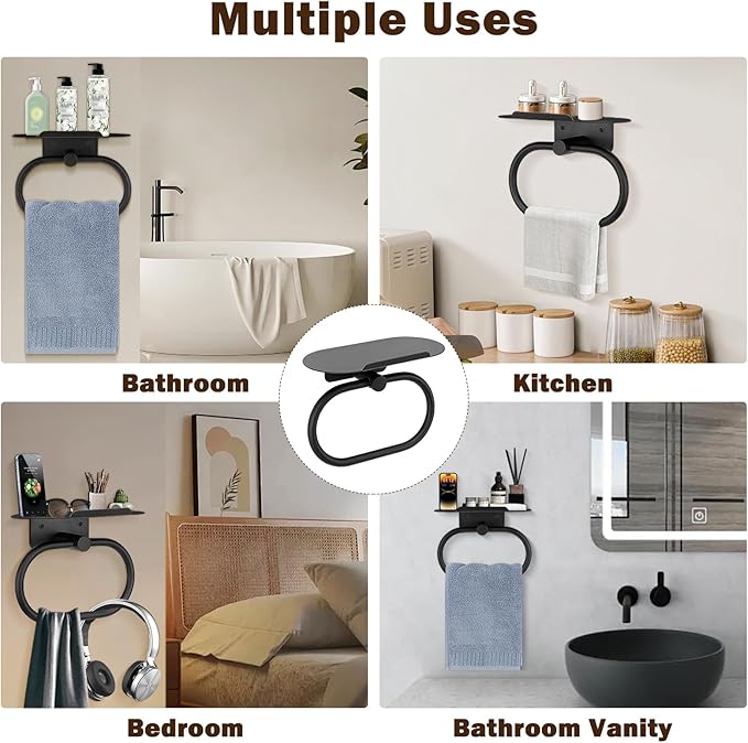 Hand Towel Ring with Shelf, Stainless Steel Hand Towel Holder, Heavy Duty Bath Accessories, Wall Mounted Towel Hanger for Bathroom Kitchen (Matte Black)