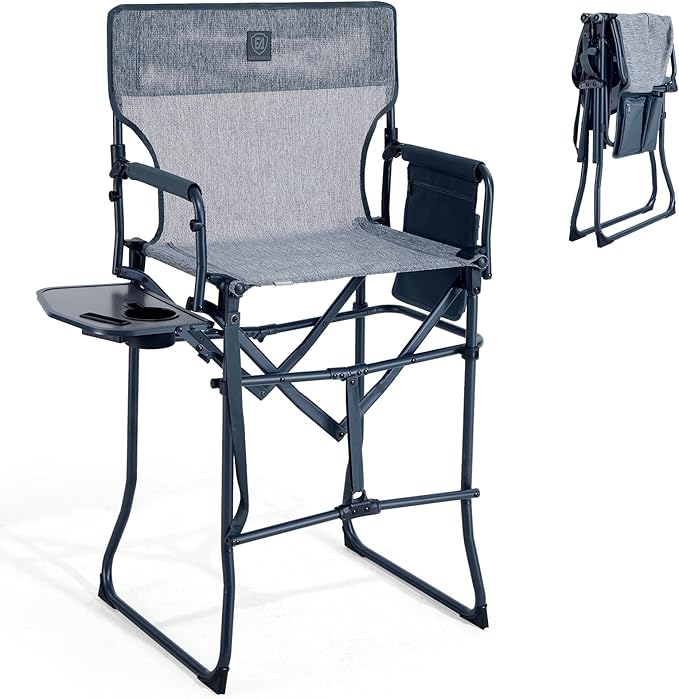 EVER ADVANCED Portable 30.7" Seat Height Tall Folding Camping Chair Directors Chair High Foldable Bar Stool with Side Table for Makeup Artist, Sports Event, Craft Show, Stretch Mesh, Supports 350LBS