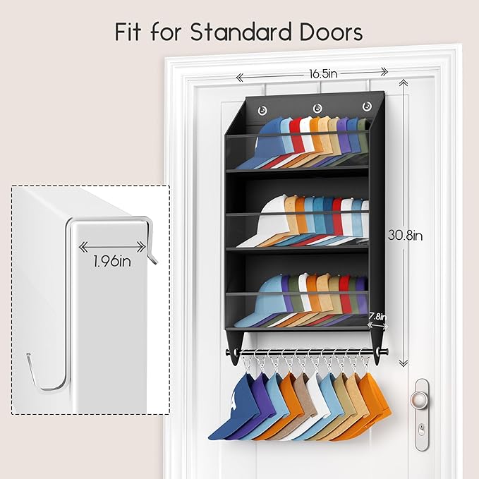 Homsorout Over the Door Hat Rack - 3-Layer Design Hat Organizer Holds 30-36 Hats with 10 Hooks, Ideal Hat Rack for Door, Over the Door Organizer for Closet, Apartment, Bedroom, Dorm, 1 Pack, Black