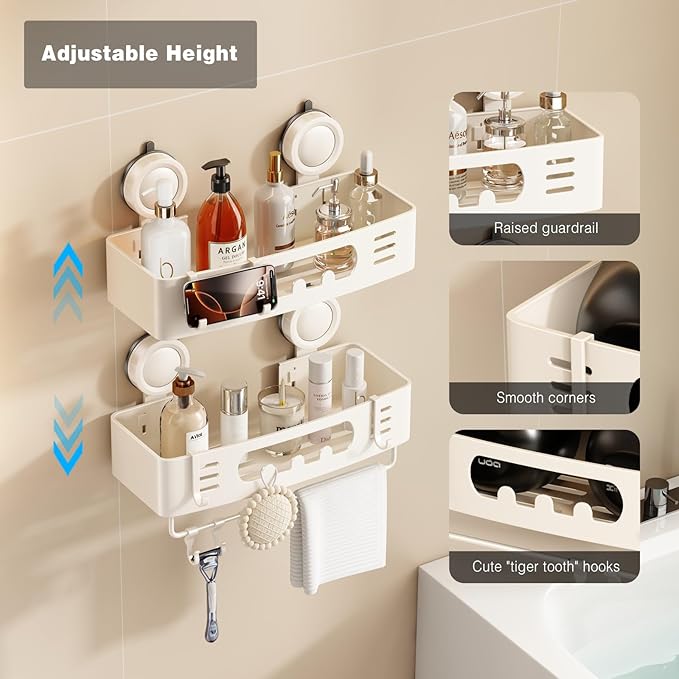 Voldra Shower Caddy Suction Cup, Shower Shelves for Inside Shower No Drilling, Aluminum Suction Showers Organizer for Wall with Towel Bar & Hooks Removable Bathroom Storage Rack(1 Pack-Cream White)