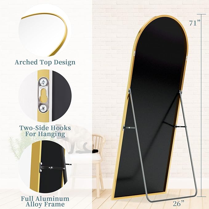 Full Length Mirror with Stand, 71"x26" Arched Full Body Mirror, Large Stand Up Mirrors, Aluminum Frame Floor Standing Mirrors, Freestanding Hanging Leaning Mounted for Bedroom Living Room, Gold