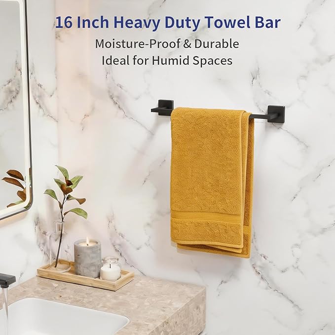 Matte Black Towel Bar, 16 Inch Towel Rack for Bathroom Wall Mounted, Thicken Stainless Steel Heavy Duty Hand Towel Holder, Space Saving Towel Rod Modern Home Decor