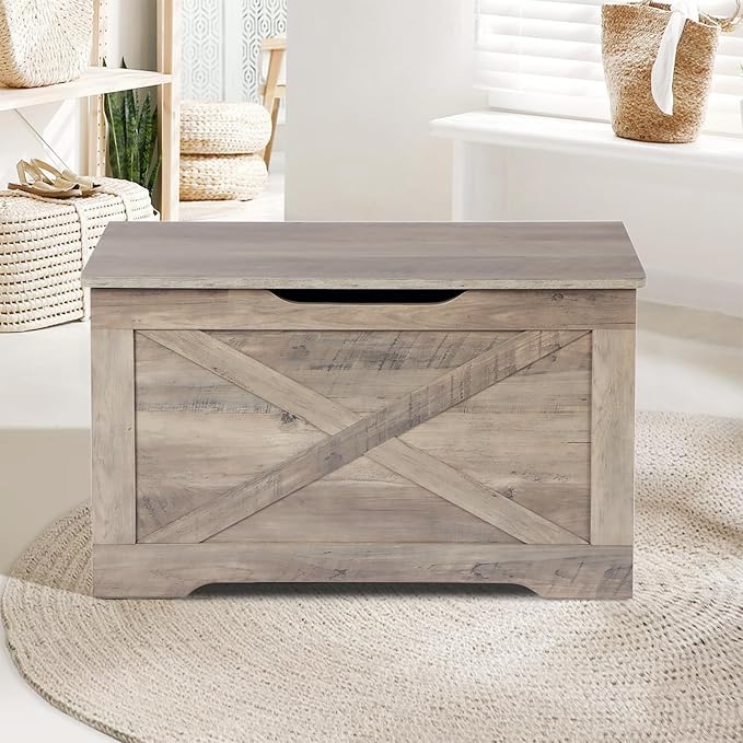 Timberer Storage Chest, Wooden Storage Bench, Entryway Shoes Bench with 2 Safety Hinges, Retro Storage Trunk for Living Room,Bedroom, 15.7 x 31.5 x 18.9 Inches, Grey