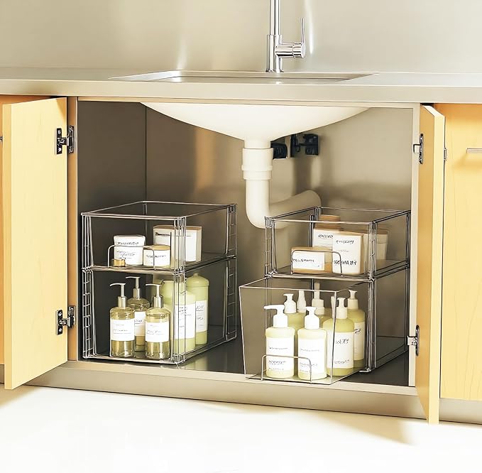 Clear Stackable Acrylic Storage Drawers(2 Pack), Plastic Organizer Bins with Handles, Easy Assembly for Bathroom Kitchen Pantry Cabinet Under Sink Snack Home Storage Solutions