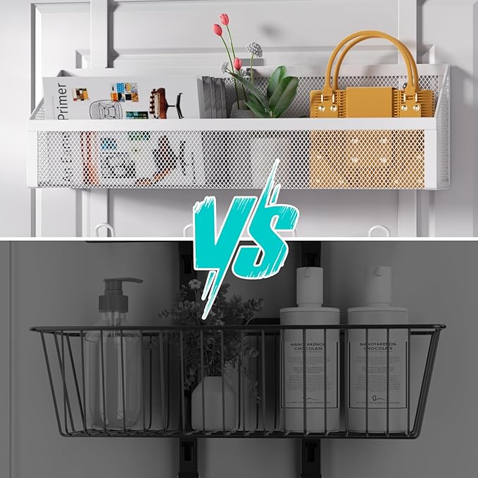 Over Door Hook Organizer, 12 Hook Over The Door Organizer with Mesh Basket - Back of Door Storage Towel Rack Space Saving Storage Organizer for Bedroom, Bathroom, Kitchen, Pantry, White
