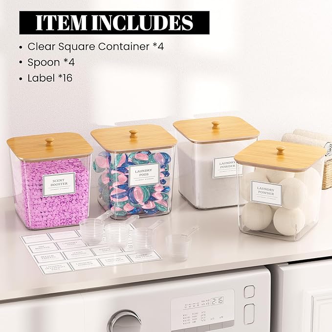 HomePekite 4 Pack Clear Laundry Pod Container, Laundry Room Organization Containers with Wooden Lids & Labels - Large Detergent Powder Storage for Room Organization, Scent Booster Holder