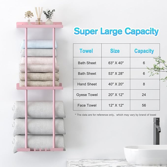 Towel Rack for Bathroom, Wall Mounted Vertical Rolled Towel Storage Organizer Holder with Shelf, Holds Up 6 Large Bath Sheets, Pink Large Size