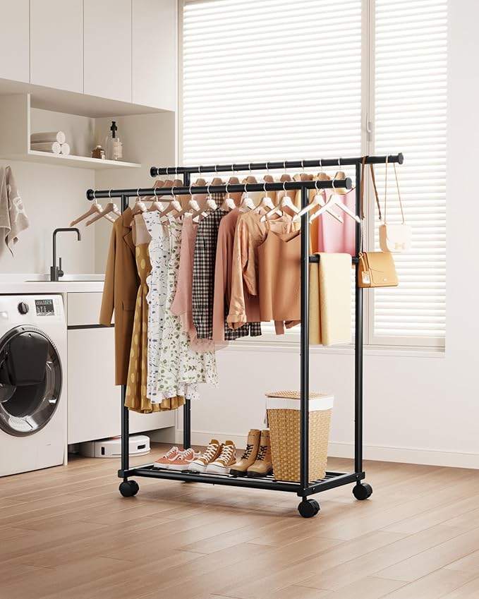 Sakugi Double Rods Clothes Rack - Metal Clothing Rack with Fixed Double Rods, Rolling Wheels & Built-In Shelf for Closet, Bedroom, Laundry Storage (39" x 17" x 60", Black)