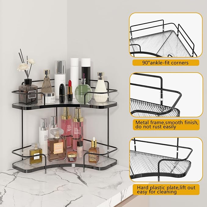 FOLLOWIN 2 Tier Countertop Corner Organizer, Corner Shelf for Vanity Countertop, Bathroom, Kitchen & Coffee Bar, Open Metal Frame with Clear Trays, Tool-Free Assembly, Space-Saving Storage, Black