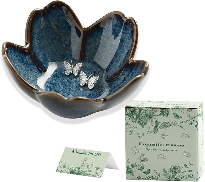 Mecaikru Flower Jewelry Tray Ceramic Ring Dish Jewelry Dish Small Trinket Tray Cute Ring Holder Key Bowl Decorative Plate Gifts For Mom/Sister/Friend, Birthday/Mother's Day/Christmas Gift (blue)