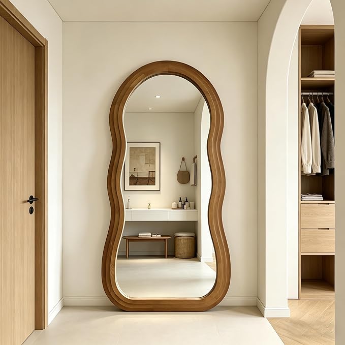 Wavy Full Length Mirror, 67"x31.5" Organic Floor Mirrors with Triple-Layer Solid Wood Frame, Large Irregular Aesthetic Mirror for Living Room Entryway Hallway Cloakroom, Leaning/Hanging