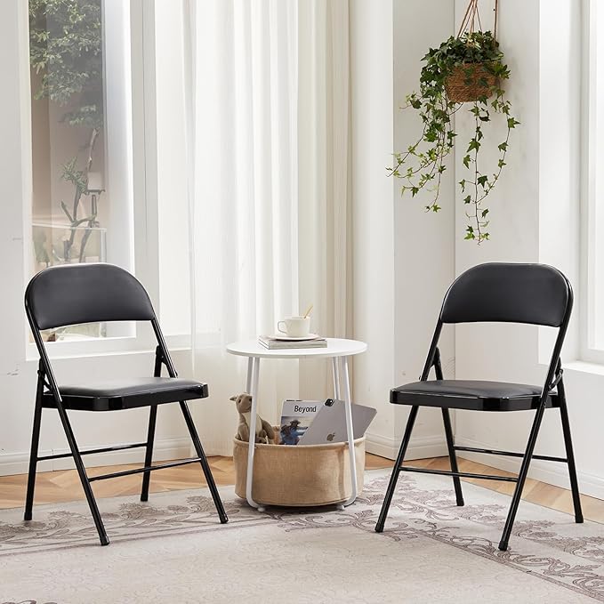 DUMOS 12 Pack Leather Padded Folding Chair, Indoor Outdoor Portable Stackable Commercial Seat with Steel Frame, Capacity for Home, Office, Party, Comfy, Black
