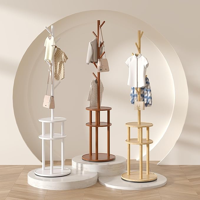 VECELO Coat Rack Freestanding, Entryway Hanger Stand, Umbrella Holder, Hall Tree With Hooks, Floor Standing Metal Tree Stand,White