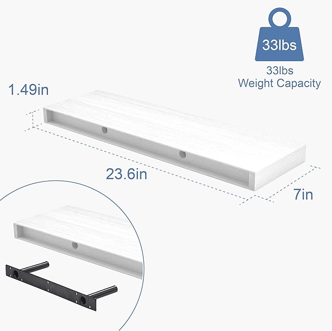 White Floating Shelves Set of 2, 24 Inch Wall Mounted Wood Shelves for Bathroom Over Toilet, Bedroom, Living Room, Kitchen & Office Storage, Modern Display Shelves