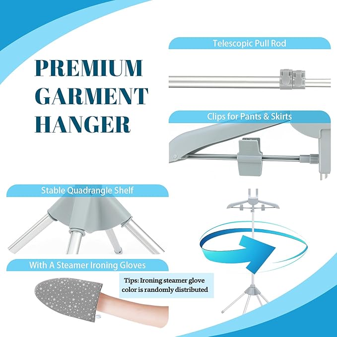 Garment Steamer Rack & Garment Ironing Glove for Steaming Clothes, Adjustable StandingGarment Hanger Handled Mini Ironing Board, Hanging Steamer Ironing Accessories for Clothes, Grey