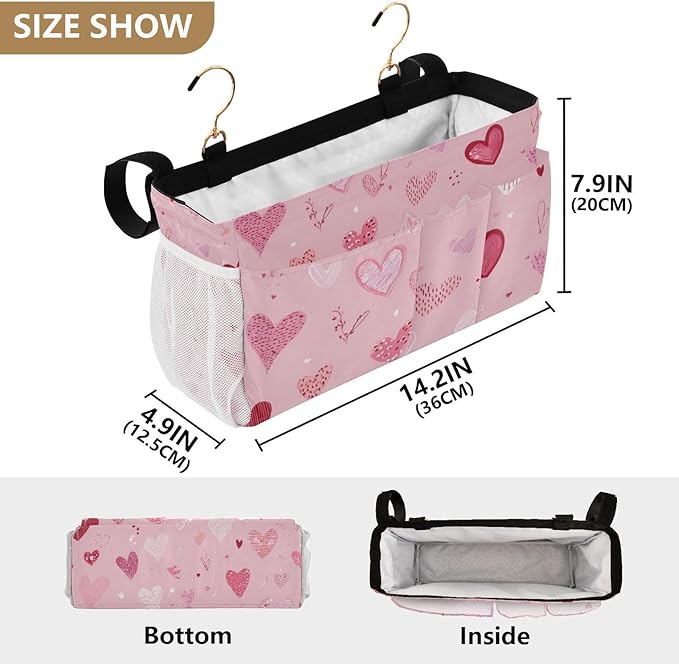 Bedside Caddy Hanging Bunk Bed Caddy Bed Organizer Hanging Pocket with 2 Hooks Bedside Storage Organizer Pocket Bag Holder Heart Pink