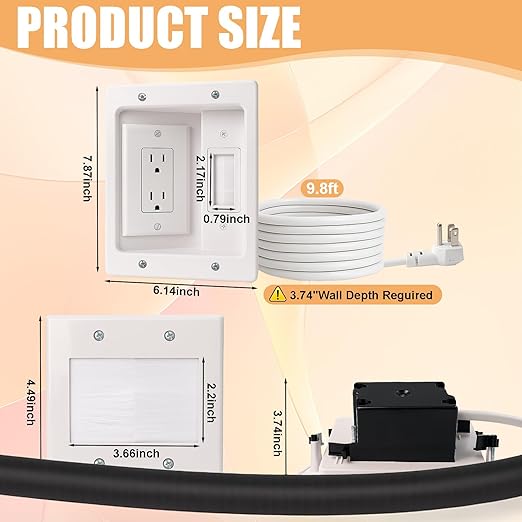 in-Wall TV Cable Management Kit with Recessed Dual AC Outlet, 9FT Extension Cord & Brush Wall Plate, TV Wire Hider for Wall Mounted TV, Power & Low Voltage Cable Concealer (2AC)