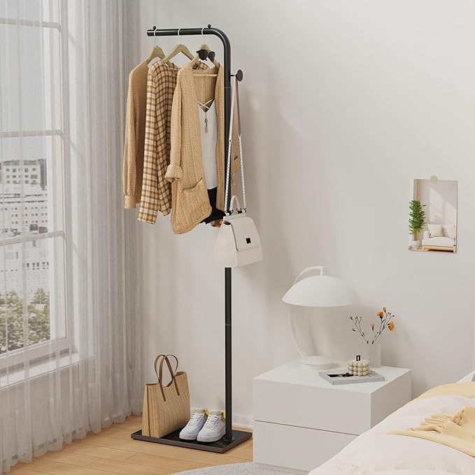 OUTBROS Coat Rack, Portable L-shaped Clothes Rack with Hook, Modern Hanger, Sturdy Freestanding Metal Clothing Rack, Used in Bedroom, Entrance and Living Room, 15.3x10.2x70.8 inch, Black