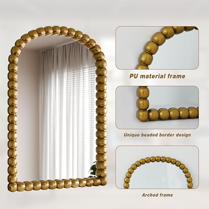 22"×30" Gold Arched Bathroom Vanity Mirror, Vintage Beaded Decorative Wall Mounted Makeup Mirror, as Wall Decor Hanging Leaning for Fireplace Mantle, Living Room, Bedroom, Vanity Area
