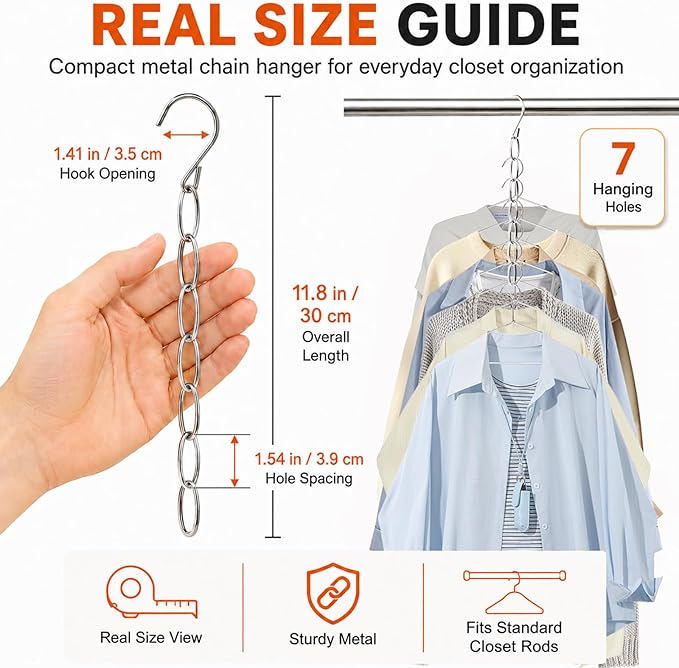 Space Saving Hangers, 8 Pack Metal Clothing Chain Hangers with 7 Holes, Closet Organizer & Cascading Hanger Organizer for Dorm, Home, RV Wrinkle Reducing, Small Space Storage Solution