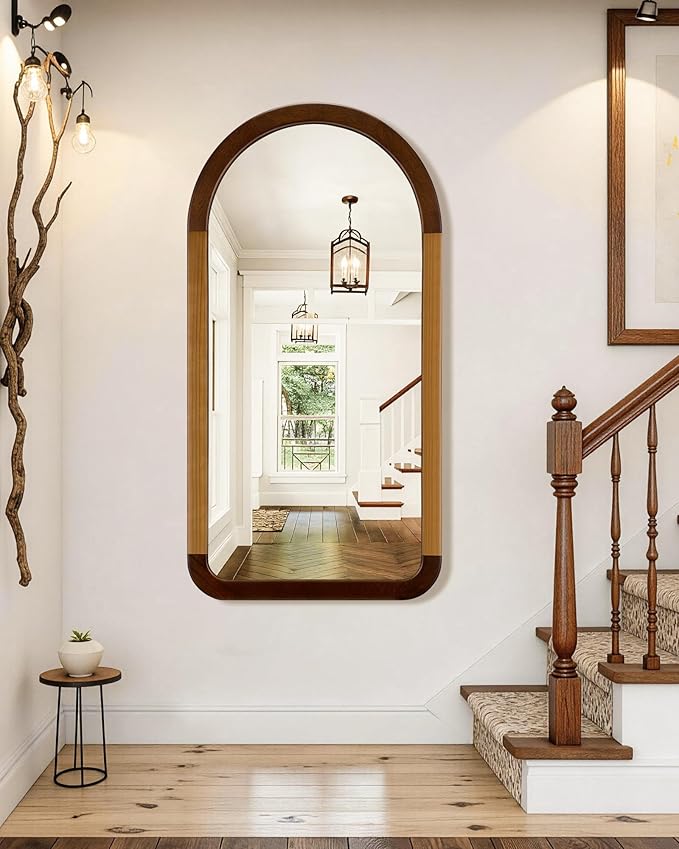 Arched Mirror 24 x 47 Inch,Brown Wood Rustic Bathroom Tempered Wall Mirror with Wood Frame,Round Corner Arch Farmhouse Wooden Vanity Mirror for Living Room,Entryway or Bedroom（Walnut Brown）