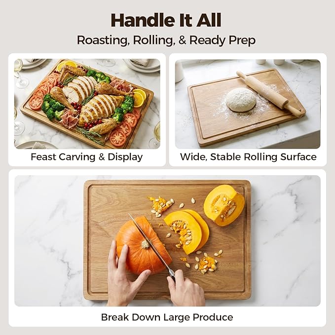 Acacia Wood Cutting Board for Kitchen - 17"x12" Large Chopping Board with Juice Grooves & Handles, 0.7" Thick Butcher Block for Meat and Veggies, Gift for Mom & Women