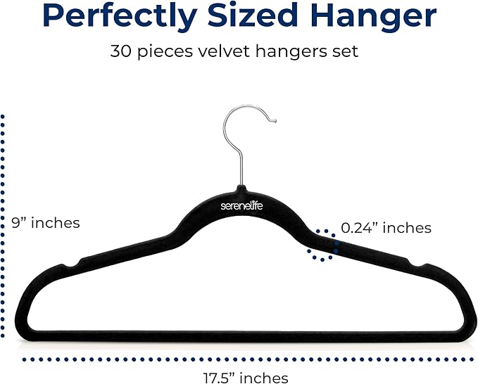 SereneLife 30 Pieces Velvet Hangers - Space Saving Heavy Duty Slim Suit Clothes Hanger Set with 360 Degree Swivel Metal Hook, Can Hold Up to 10 Lbs. for Coats, Jackets, Pants & Dress (Black)