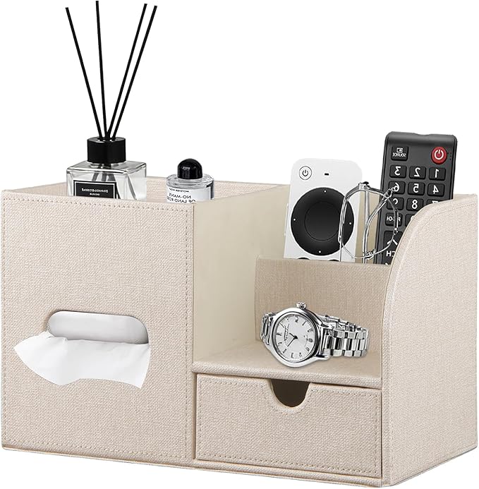 Square Tissue Box Cover with Drawer Storage and Tray on Top, PU Leather Tissues Cube Boxes Holder, Modern Nightstand Organizer Caddy, Remote Control Holder for Bathroom, Bedside, Office, Home