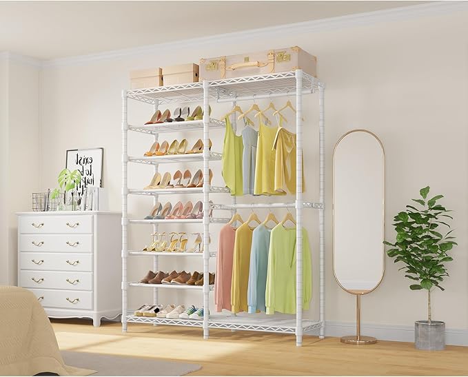 VIPEK S2 Heavy Duty Clothes Rack with Shoe Shelves Freestanding Clothing Rack with 8-Tier Shoe Rack, Double Hanging Rod, Adjustable Shelf, Walk in Closet Organizer Garment Rack, White