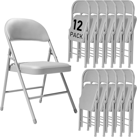 12 Pack Gray Folding Chairs with Padded Cushion and Back for Outside Portable Stackable Commercial Foldable Chairs with Steel Frame for Events Office Wedding Party, 350lbs Capacity
