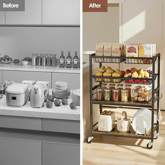 Fruit Vegetable Storage Cart, 4-Tier Rolling Kitchen Storage Cart, Fruit & Vegetables Basket Stand, Snack Organizer Shelf Unit for Kitchen, Bathroom, Living Room, Office, Balcony, Black