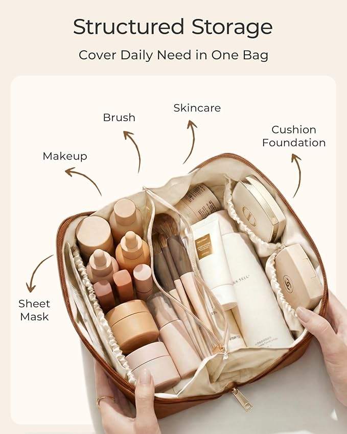 BAGSMART Makeup Bag Travel Cosmetic Bag, Large Make Up Bag Flat Open Toiletry Bag for Women, PU Leather Travel Essentials Organizer Case, Wide-open Pouch Purse for Skincare, Brushes, Light Green