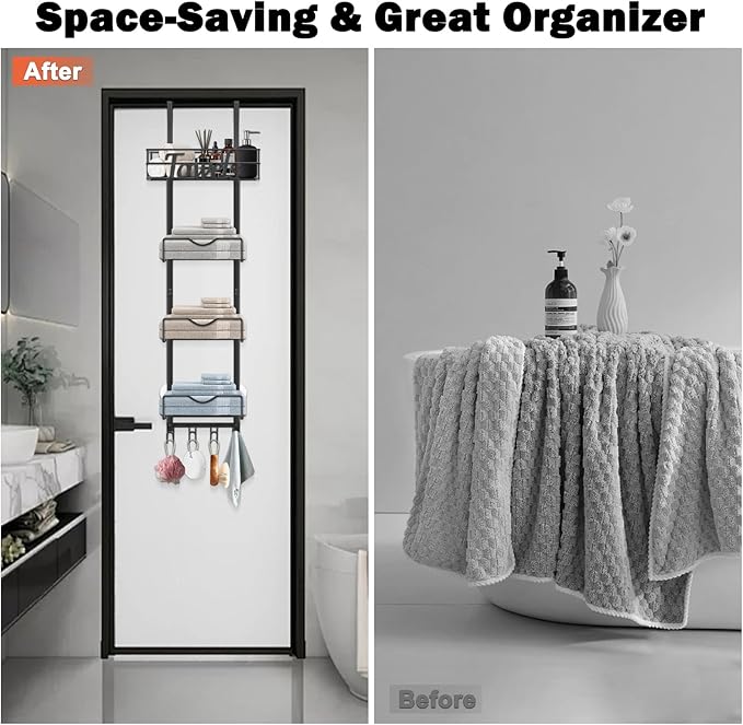 Over The Door Towel Racks, No Drill Towel Storage with Basket & Hooks, Space-Saving Multi-Functional Towel Holder for Bathrooms, bedrooms, Apartments, RVs (Matte Black, 5 Tier)