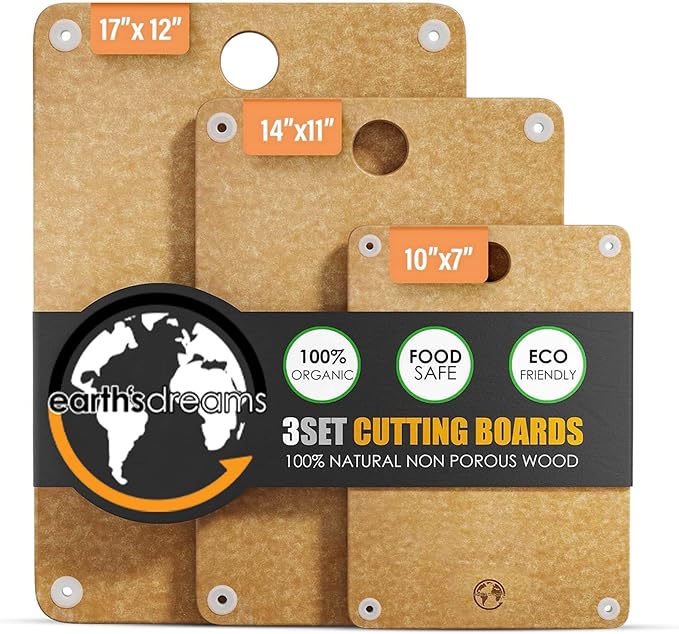 Earth's Dreams Composite Wood Cutting Board Set of 3 – Dishwasher Safe, Non-Toxic Cutting Boards for Kitchen – Large, Medium & Small Non-Slip Wood Charcuterie & Chopping Boards (Tan)