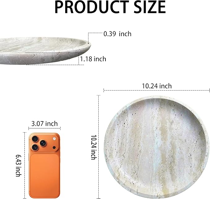 Vanity Tray for Bathroom, Dresser, Counter, Home Decor 10.24” D x 1.18”H Travertine Round Decorative Tray for Candles, Perfumes, Jewelry, Plants Natural Stone Organiser Dish Beige (NS053)