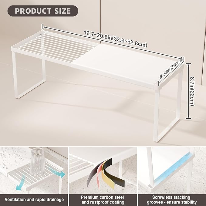 Magheo Expandable Cabinet Shelf Organizer, 2 Pack Stackable Kitchen Counter Shelf Riser, Metal Spice Rack Heavy Duty Countertop Organizer Storage for Kitchen, Pantry, Cupboard, Rv (8.7in Height,White)