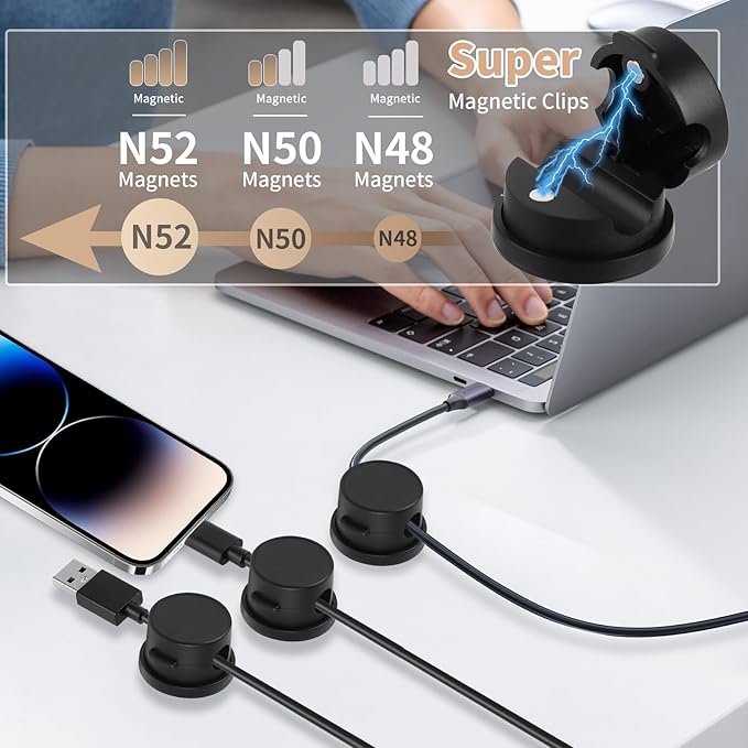 10-Pack 360° Rotatable Magnetic Cord Organizer Clips with Acrylic Adhesive - for Desk, Car, Home & Office | No Residue Springless Design | Strong Hold Cable Management for Chargers & Wires (Black)
