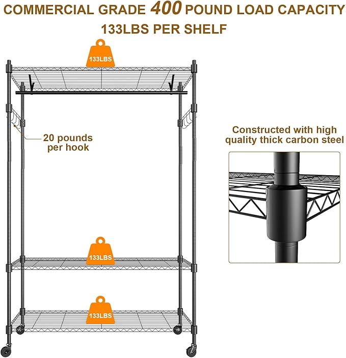 BATHWA Heavy Duty Clothing Racks,47.3"W x 17.7"D x 74.8"H Wide Hanging Space 3 Adjustable Shelving Garment Rack on Wheels Portable Wardrobe for Dress Coat Clothes Organizer Sturdy Metal Construction