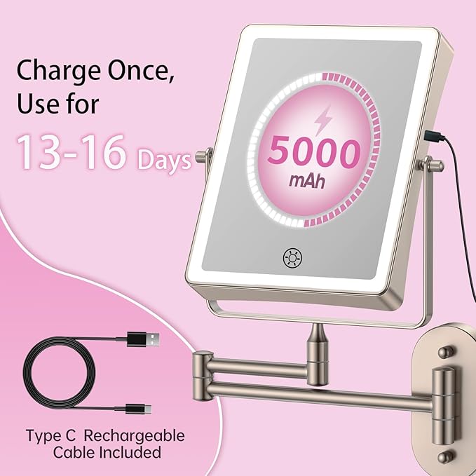 FASCINATE 5000mAh Rechargeable Wall Mounted Makeup Mirror, Bathroom Mirror Rectangle 8.7" Double Sided Touch Switch 1X 30X Magnifying, 3 Color Setting, Extended Arm 360° Swivel Foldable Nickel