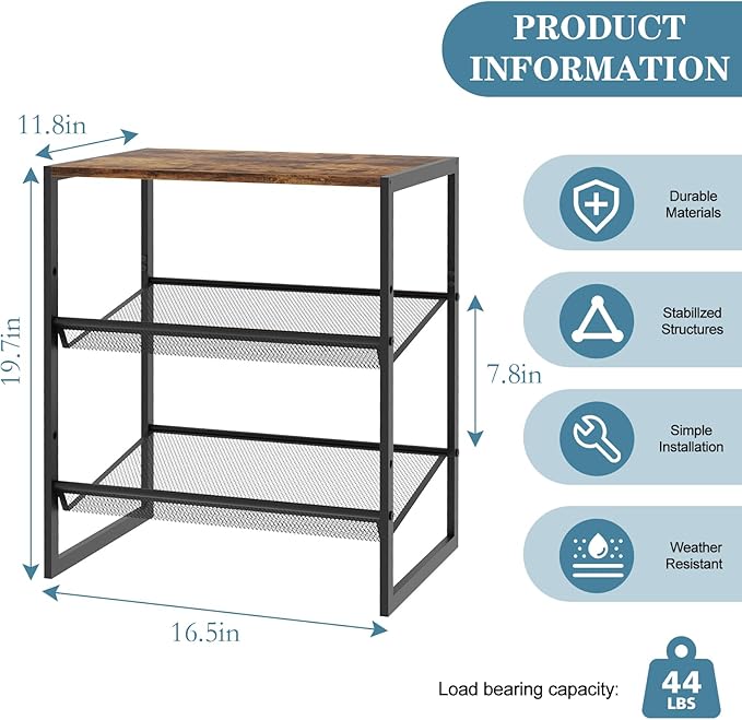 Shoe Rack，3 Tier Shoe Storage Organizer，Sturdy Shoe Shelf,Boot Rack with a Fine Mesh Shelves，for Entryway, Living Room, Hallway，Small Space,11.8 x 16.5 x 19.7 Inches,Brown