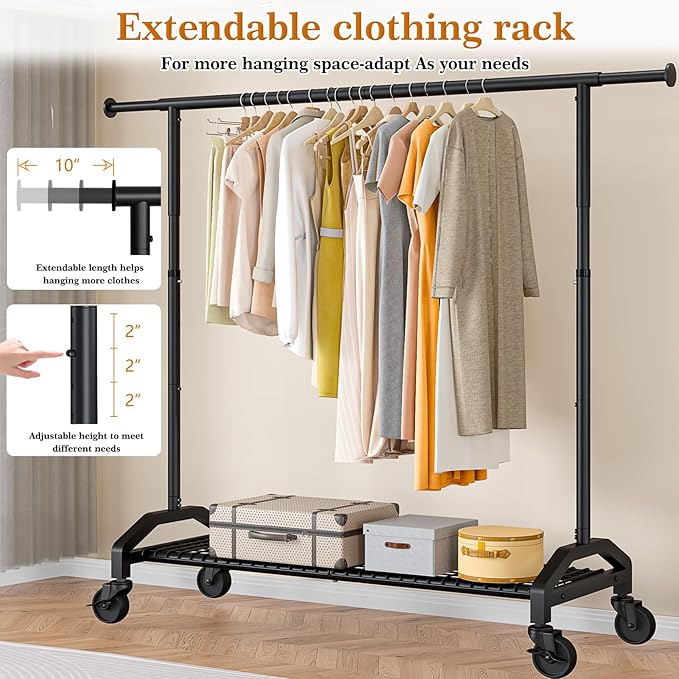 Wiracks Heavy Duty Clothes Rack for Hanging Clothes 350lbs Clothing Rack 3" industrial Wheels 51 to 71" W x 16.53" D x 65" to 71" H Adjustable Rolling Clothes Rack Coat Rack Garment Rack Black