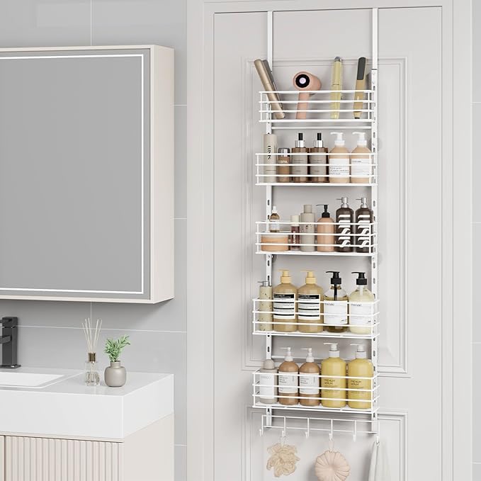 SWTYMIKI Over The Door Organizer - Door Organizer Hanging with 5 Adjustable Metal Large Capacity Basket and 6 Coat Hook, Wall Mounted Shelves for Bedroom Closet Bathroom Laundry Pantry Kitchen