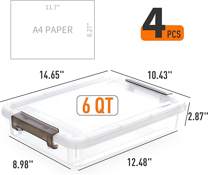 Citylife 4 Packs Portable Project Case, Clear File Box with Snap Lid, Stackable Plastic Organizers for Craft Projects, Letters, A4 Paper, Cards, and Photos