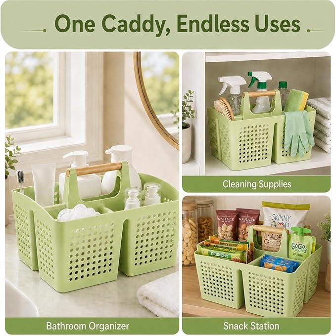 Portable Shower Caddy Basket with Wood Handle, 3-Compartment Bathroom Organizer Tote with Drain Holes, Plastic Shower Basket for Dorm, Toiletries, Cleaning Supplies,Grass Green