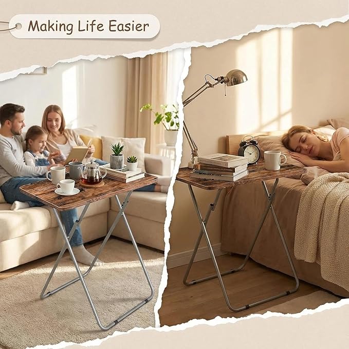 Tv Trays Folding Tv Table, Dinner Table for Eating with Sturdy Metal Frame, Small Foldable Snack Trays Table for Living Room, Couch,Sofa, Bed, No Assembly Required (Yellow Brown 2-Piece Set)