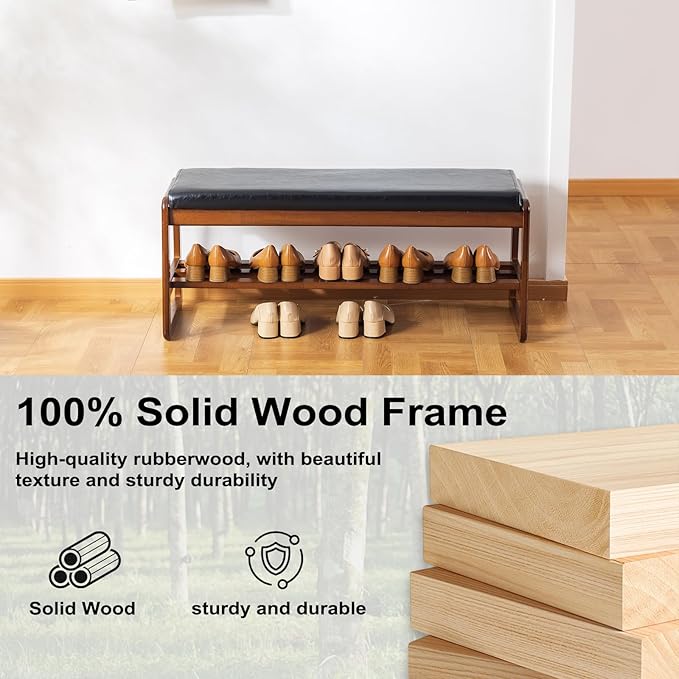 SOBIBO Solid Wood Shoe Bench, 2-Tier Wooden Entryway Bench, Modern Shoe Rack with Cushion for Hallway, Living Room (Black, 39.4'')